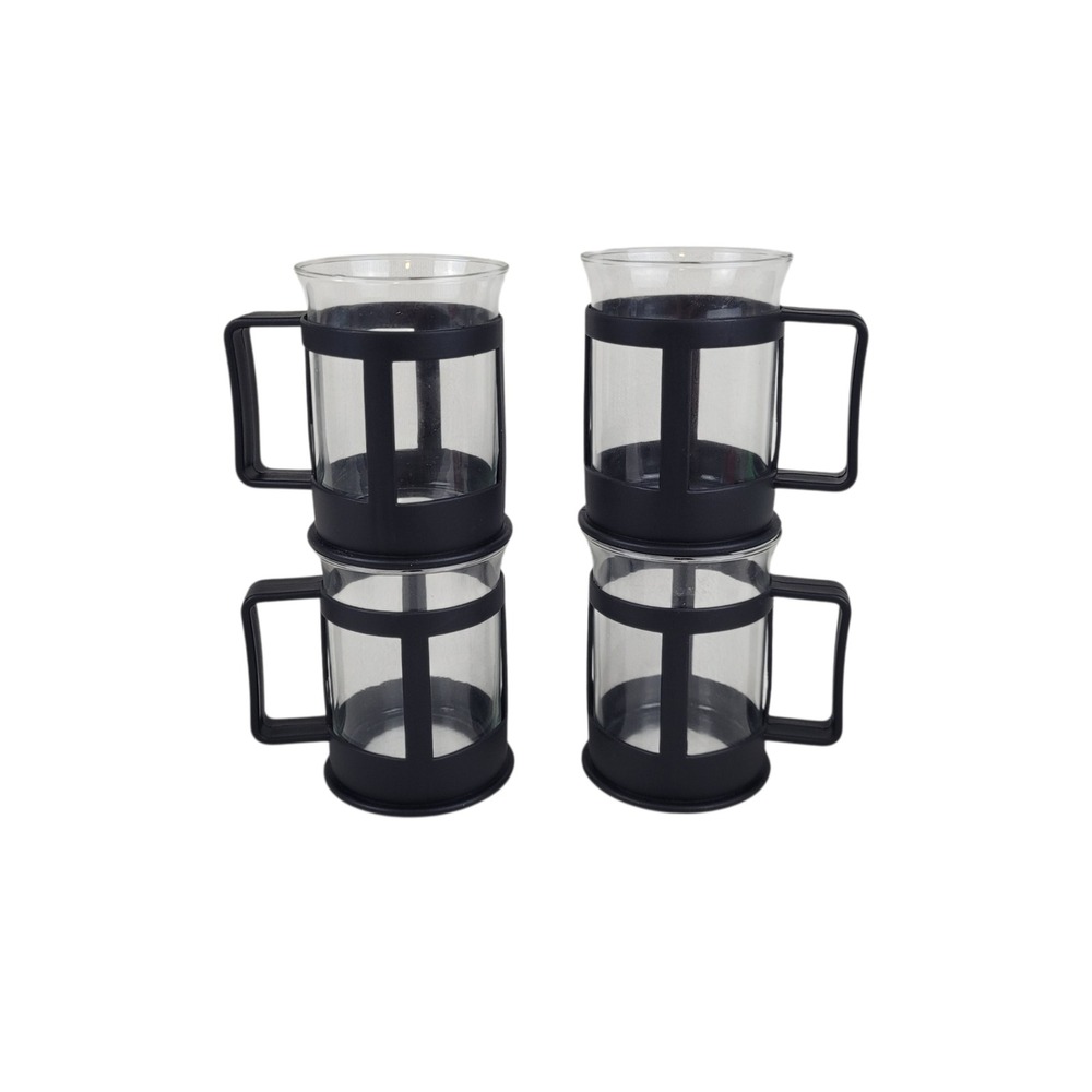 Set of 4 Glass Coffee Mugs with Black Plastic Removable Handles 4in Tall